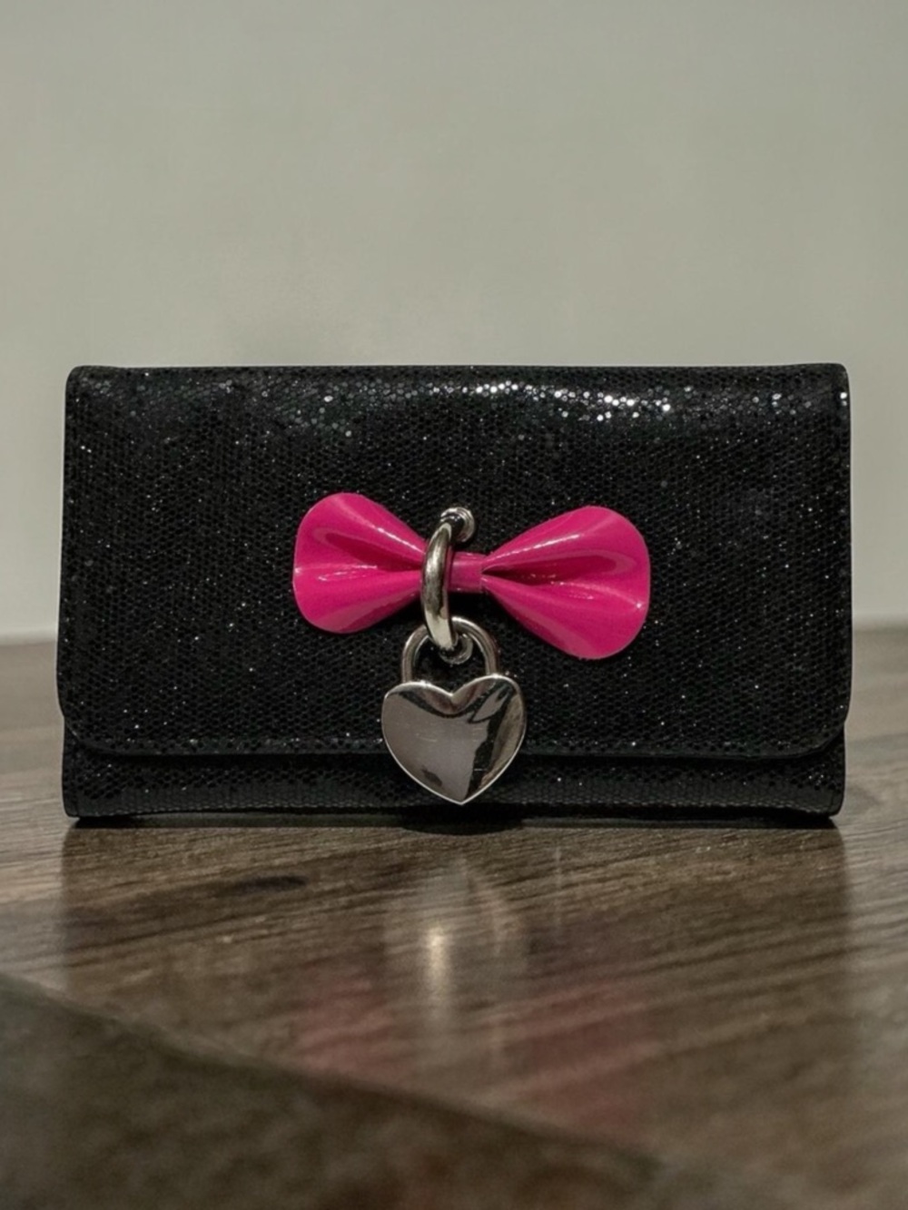 Claire's Black Sequin Wallet with Pink Bow and Heart Locket